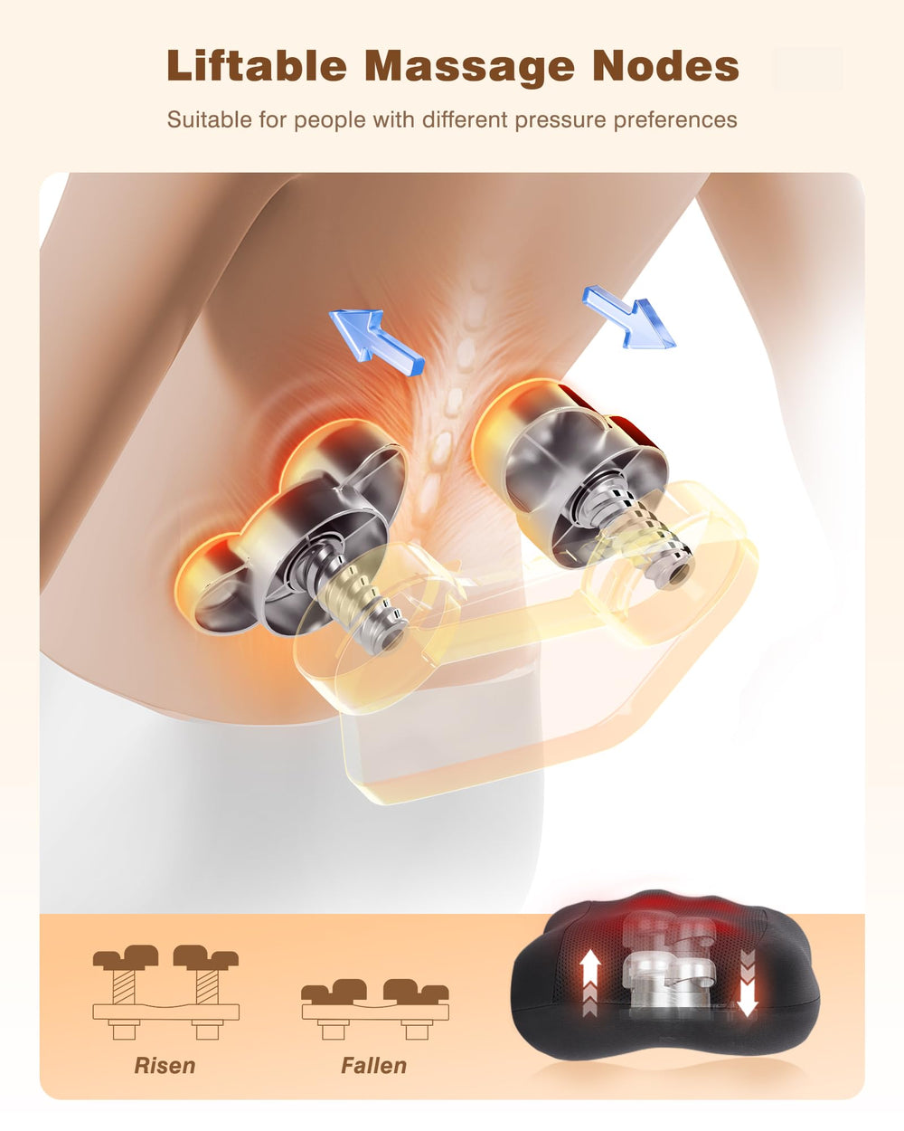 Liftable 4D massage nodes target upper and lower back for deep kneading.