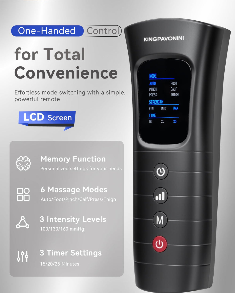 KingPavonini interface displays six modes and three intensities for customizable relief.