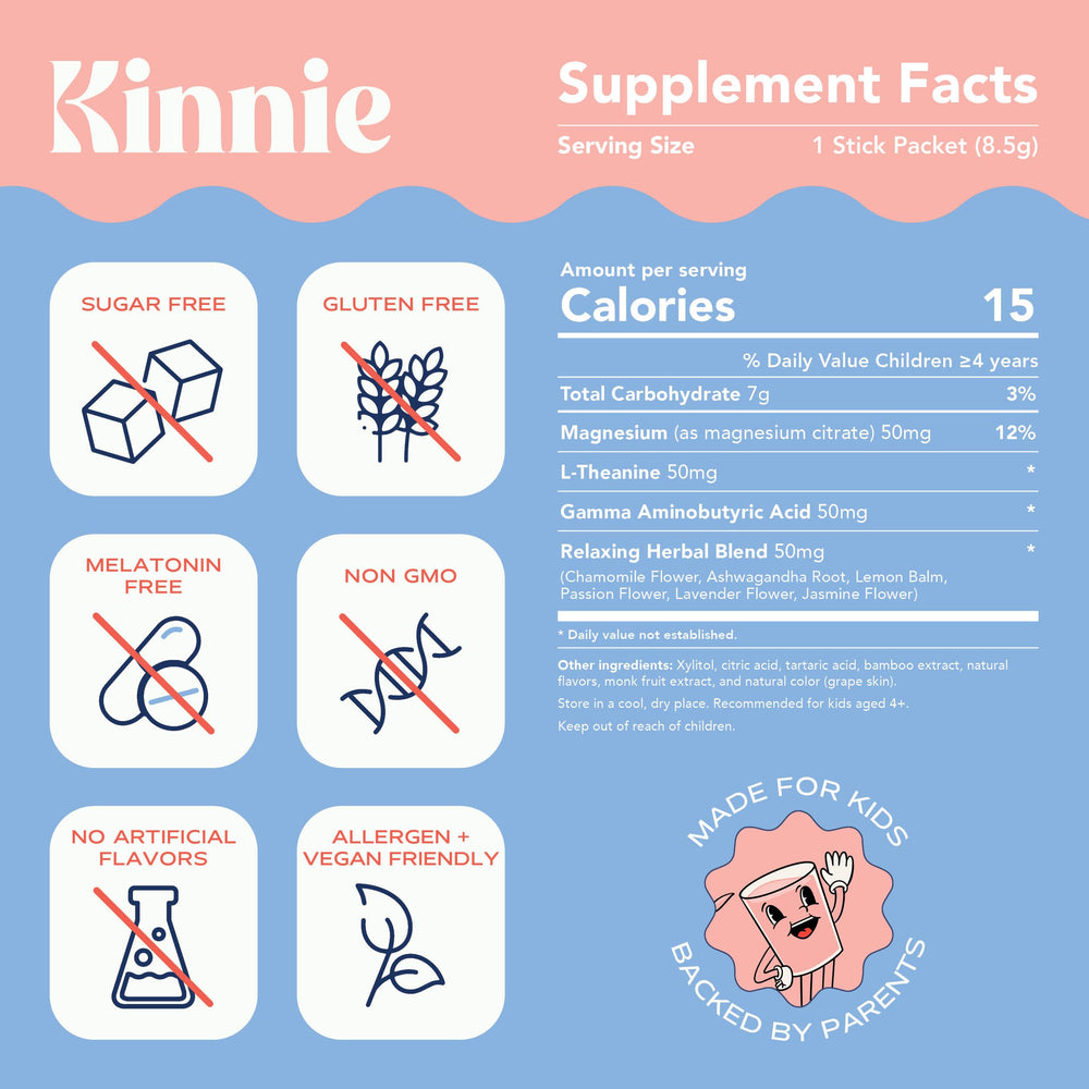 Kinnie Calming grape mix dissolves in water for focus support