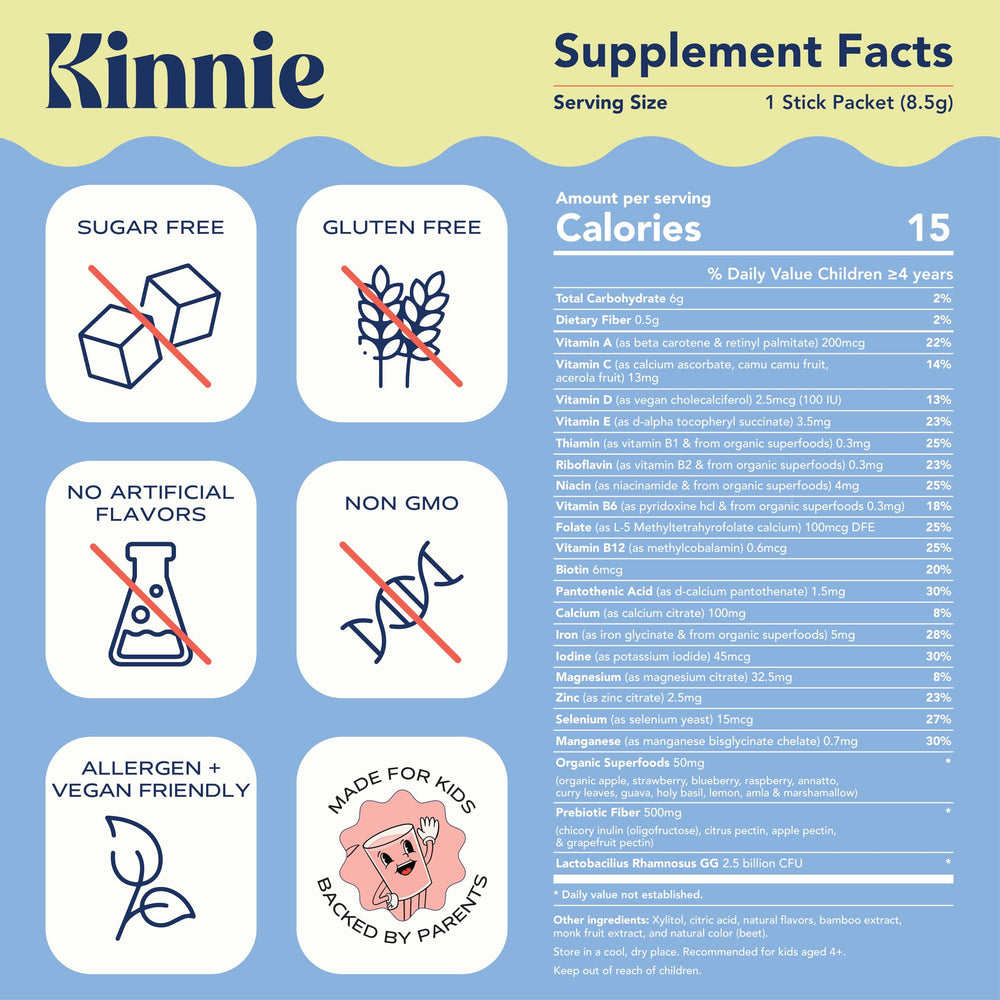 Kinnie Kids orange flavor powder stirred into smoothie for sugar-free nourishment