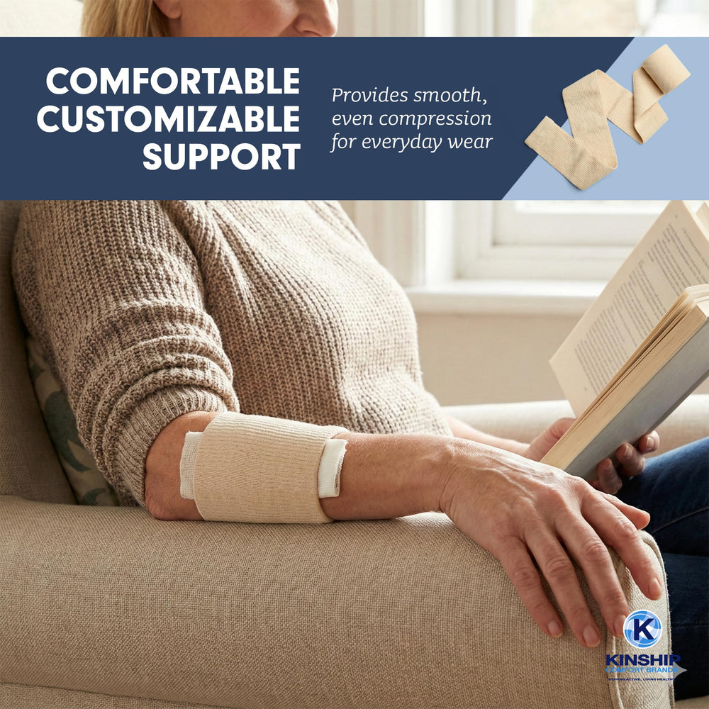 KinGrip tubular bandage leg stays in place during daily activities for edema support.