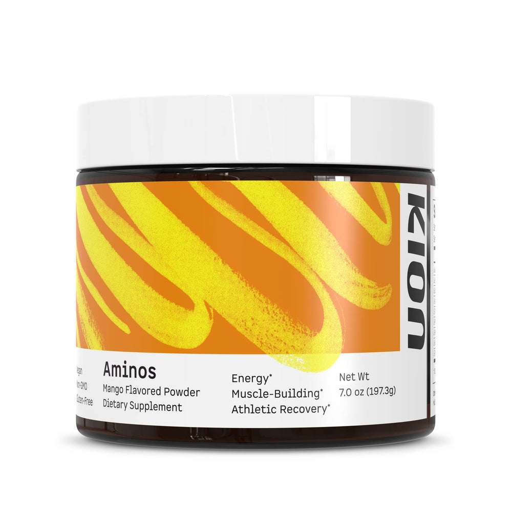 Kion Aminos Essentials Mango powder front view supports energy and lean muscle.