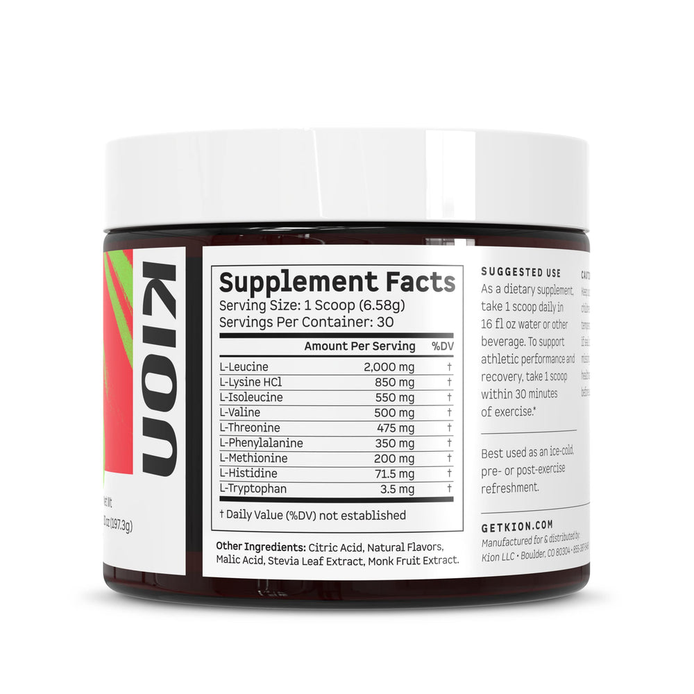 Kion Aminos 30 servings bottle shown for convenient daily use