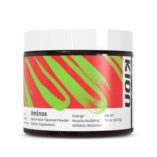 Kion Aminos Watermelon front tub shows premium essential amino acids for training