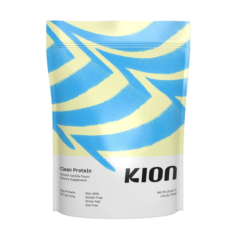 Kion Clean Protein vanilla bottle with grass-fed whey isolate and rich aroma.