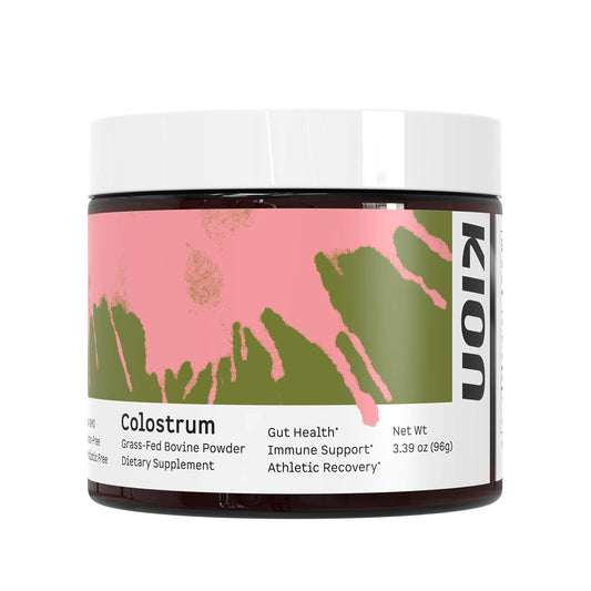 Kion Colostrum bottle shows grass-fed source for gut health support.