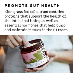 Kion Colostrum close-up of ingredients featuring cytokines and lactoferrin for immune support.