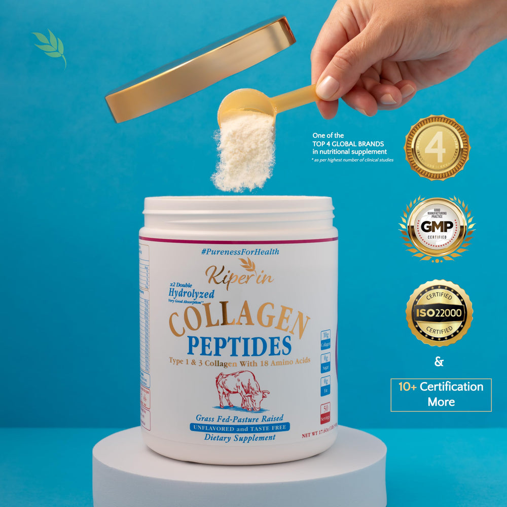 Kiperin collagen bottle with label—clear nutrition info.