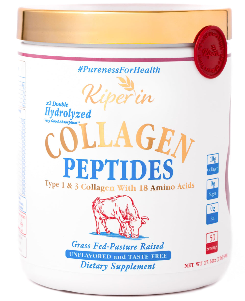 Kiperin collagen powder bottle—unflavored daily supplement for wellness.