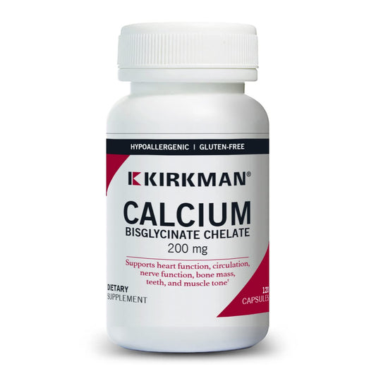 Kirkman calcium bisglycinate chelate 200mg bottle close-up for bone support.