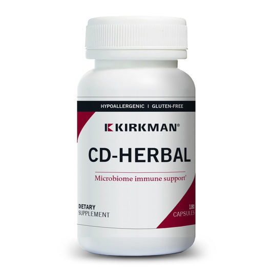 Kirkman CD-Herbal bottle front, hypoallergenic probiotic for gut balance.
