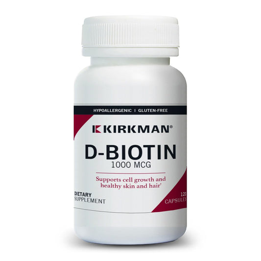 Kirkman d-Biotin 1000 mcg capsules bottle, packaging for daily skin and hair support