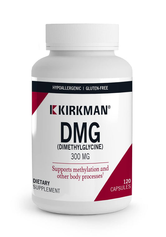 Kirkman DMG 300 mg capsules bottle front highlighting methylation support