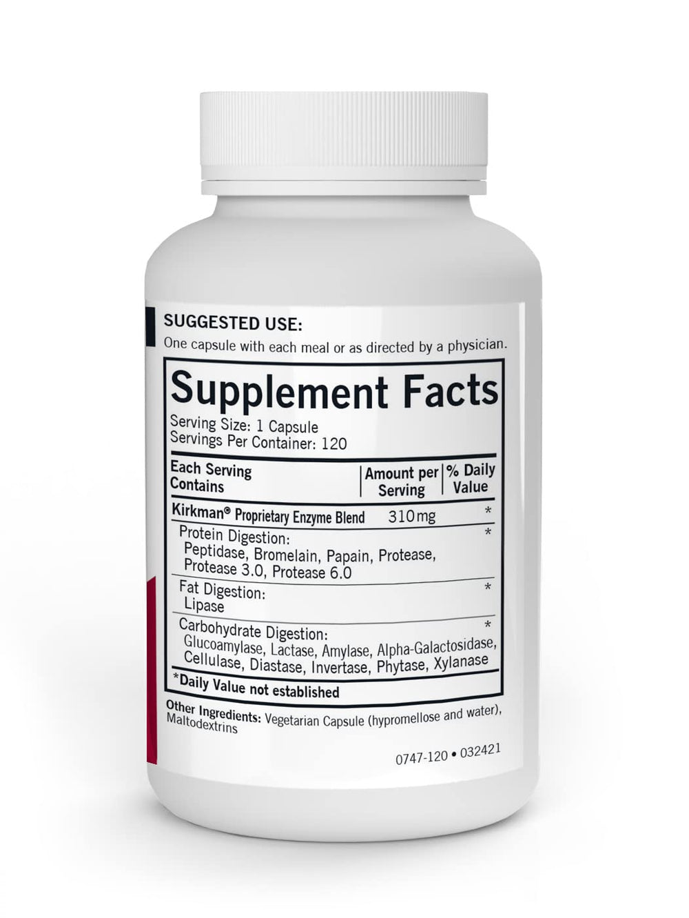 Kirkman Enzyme Complete/DPP-IV bottle label close-up highlighting plant-based enzymes.