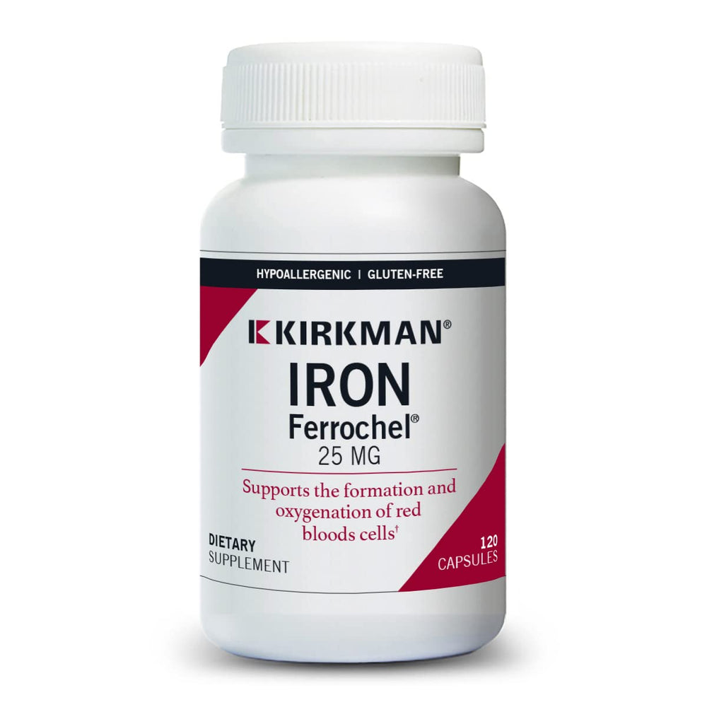 Kirkman Iron 25 mg Bio-Max bottle on table for daily energy support.