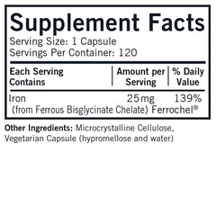 Close-up of Kirkman Iron 25 mg Bio-Max capsules with ferrochel formula.