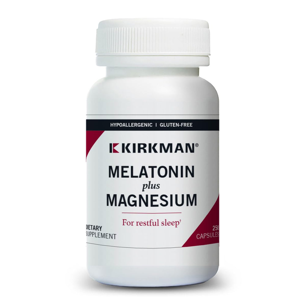 Kirkman Melatonin Plus Magnesium bottle illustrating calming support for restful nights.