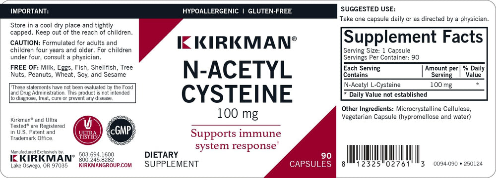 Kirkman NAC capsules close-up highlighting hypoallergenic formula for daily antioxidant support