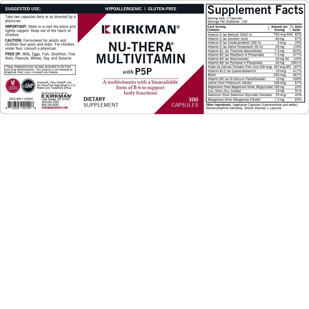 Kirkman Nu-Thera label closeup with clear P-5-P details and ingredients.