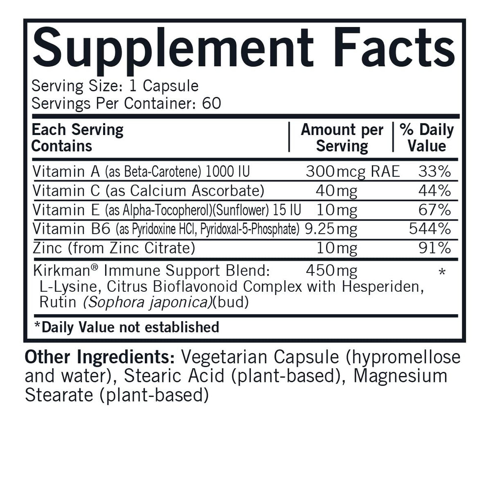 Kirkman Rose Lysine Immune capsule close-up showing vegetarian formula.