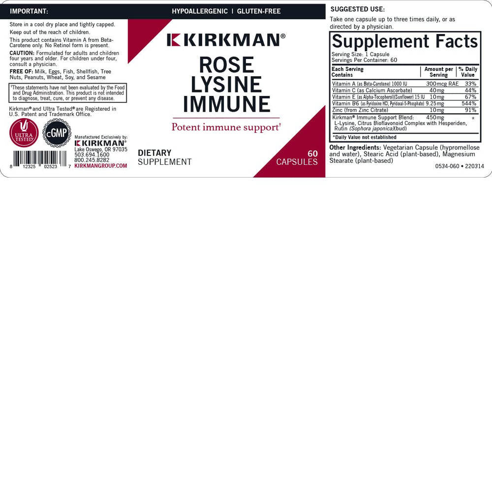 Kirkman Rose Lysine Immune packaging displays ingredients and dosage details.