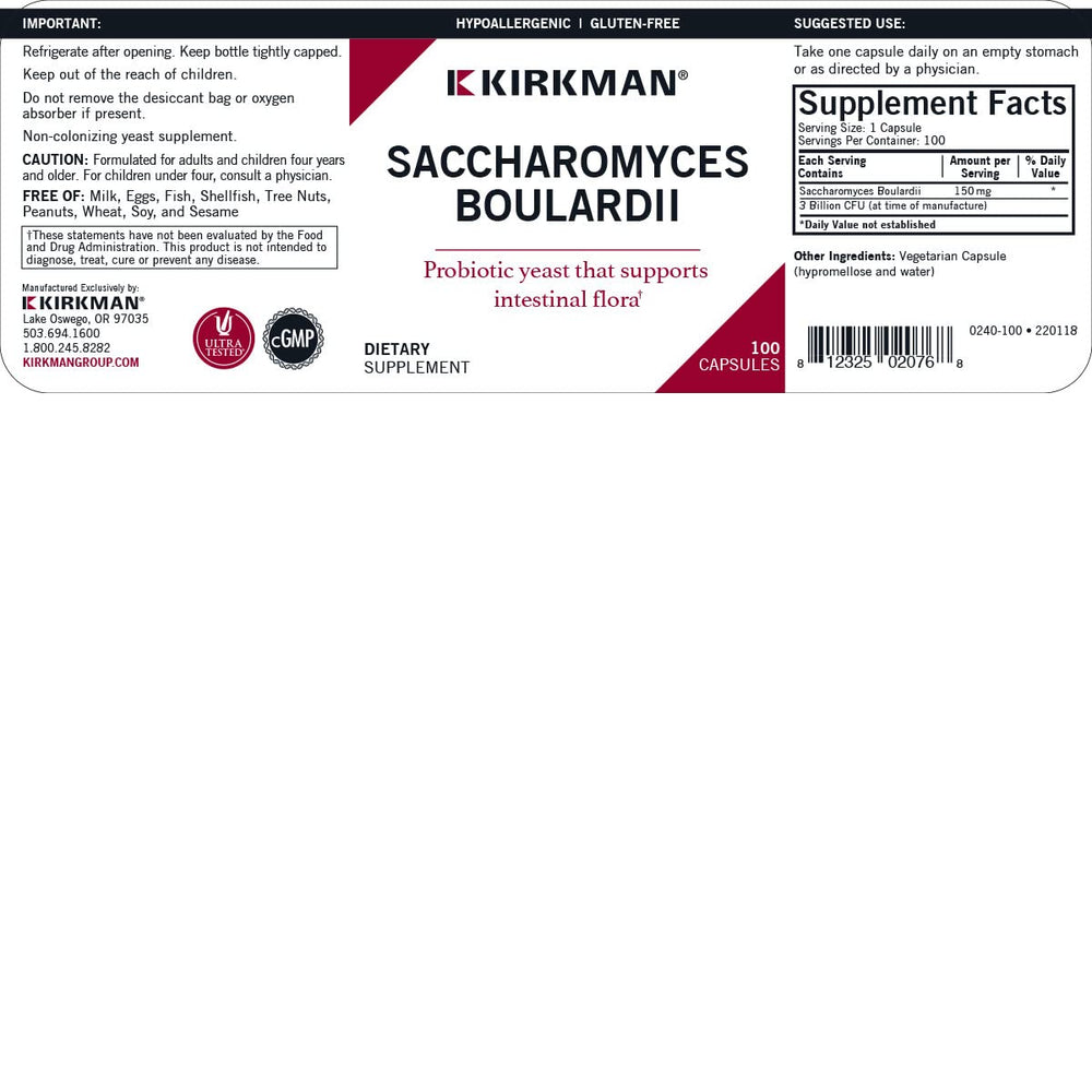 Kirkman Saccharomyces boulardii label close-up showing allergen-free claim.
