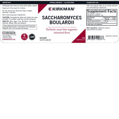 Kirkman Saccharomyces boulardii label close-up showing allergen-free claim.