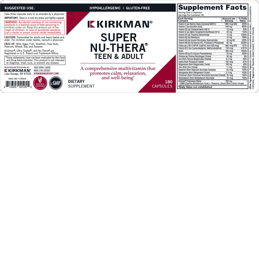 Kirkman Super Nu-Thera capsules closeup, plant-based formula for sensitive needs.