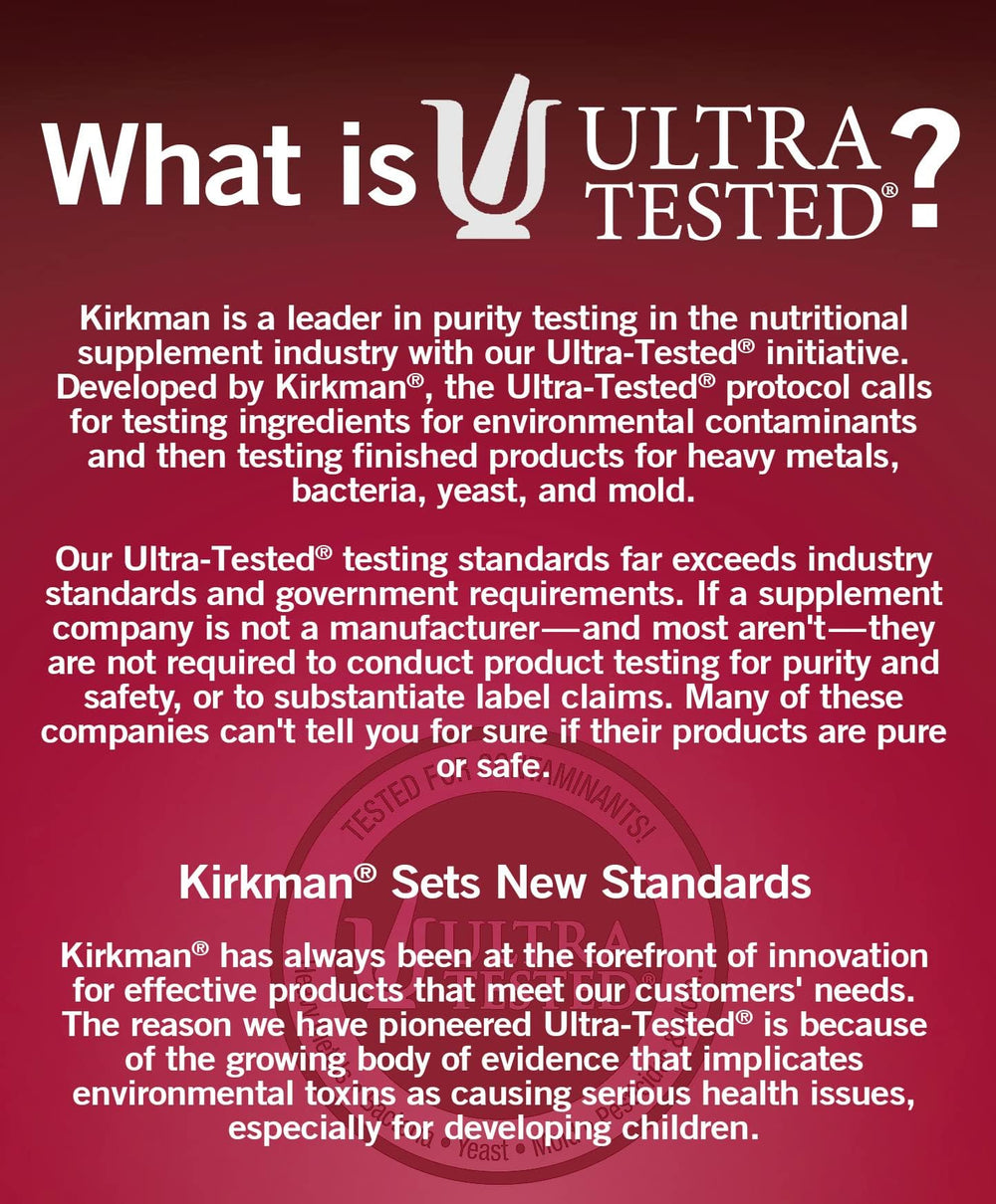 Kirkman Super Nu-Thera nutrition label highlighting testing and ingredients.