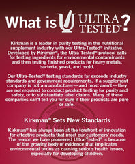 Kirkman Super Nu-Thera nutrition label highlighting testing and ingredients.