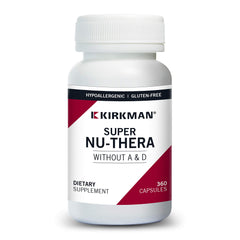 Kirkman Super Nu-Thera without vitamins A and D bottle view highlights a hypoallergenic option for sensitive diets.