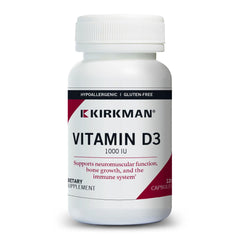 Kirkman Vitamin D-3 1000 IU bottle on white background for daily dietary support