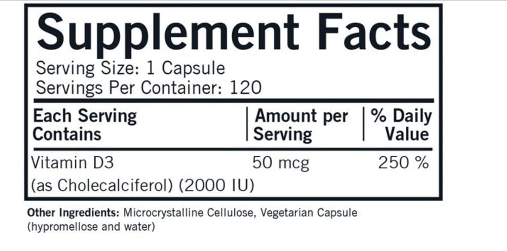 Kirkman Vitamin D-3 2000 IU bottle back highlights hypoallergenic formula.