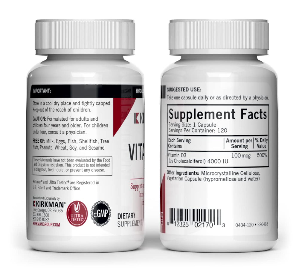 Kirkman Vitamin D3 4000 IU capsules close-up emphasizing high potency.
