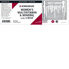 Kirkman 5-MTHF bottle label highlights gluten-free, dairy-free formulation.