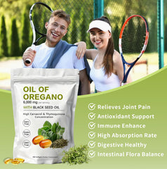 KITABIO Oregano Softgels label shows non-GMO and gluten-free features.
