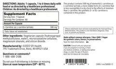 Packaging notes emphasize no synthetic D-carnitine.