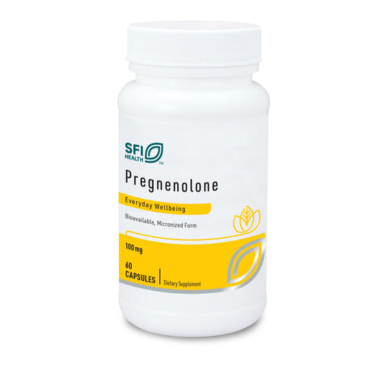 Klaire Labs SFI Health Pregnenolone bottle with 60 capsules for daily vitality support.