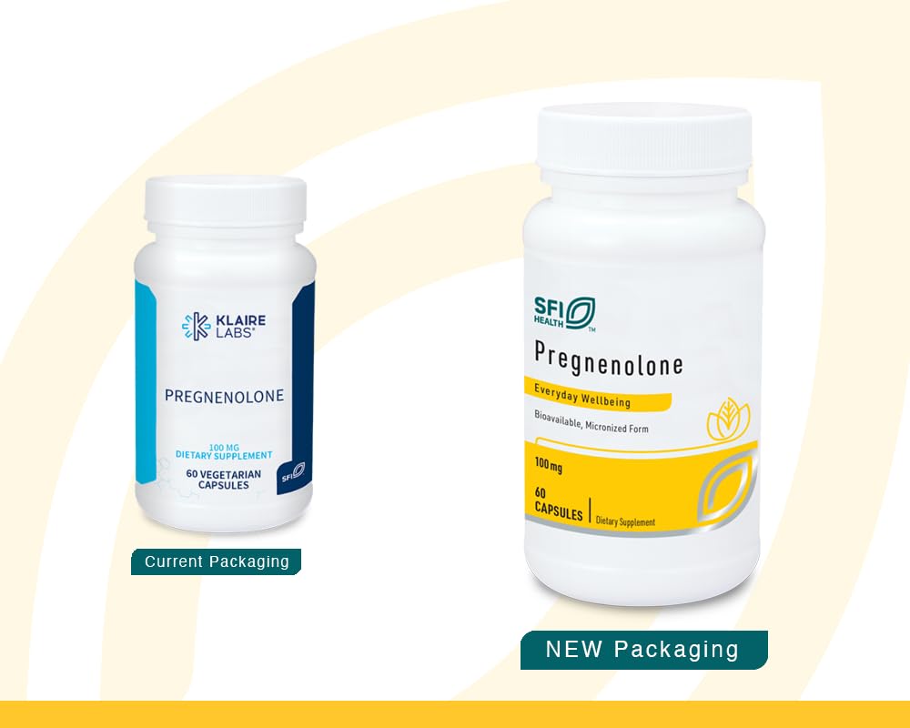Klaire Labs SFI Health Pregnenolone capsules close-up highlighting micronized texture for absorption.