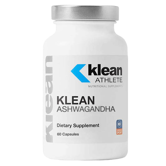 Klean Athlete Klean Ashwagandha capsules on bottle support occasional stress management.