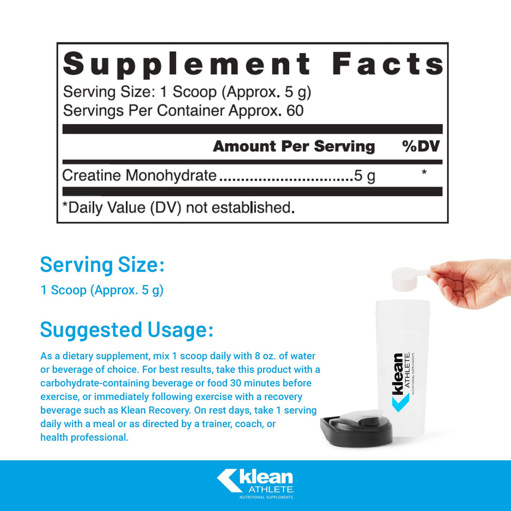 Klean Athlete Klean Creatine bottle back label—certifications and product details for trusted performance.