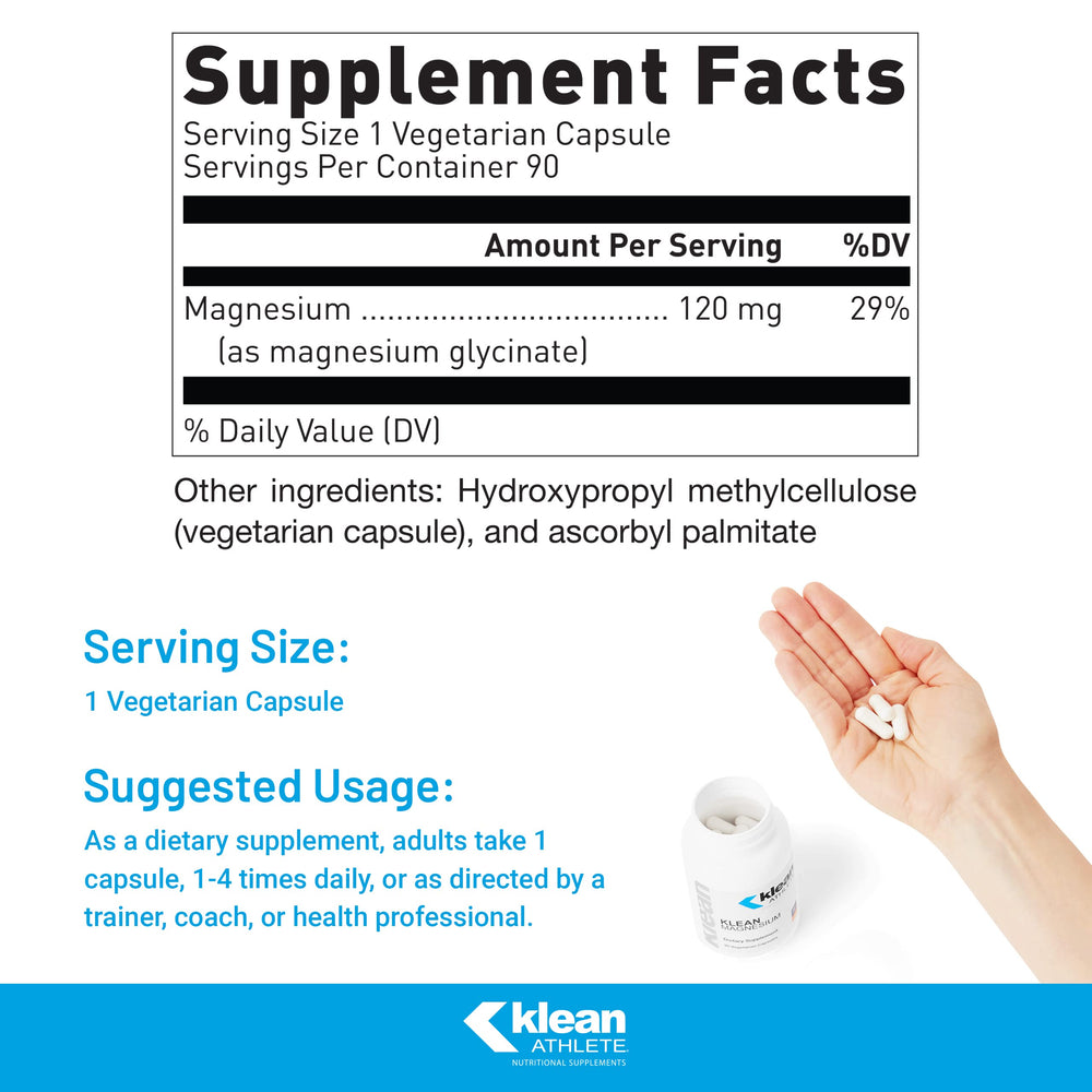 Closeup of Klean Magnesium capsules, easy-to-swallow for athletic use and muscle support.
