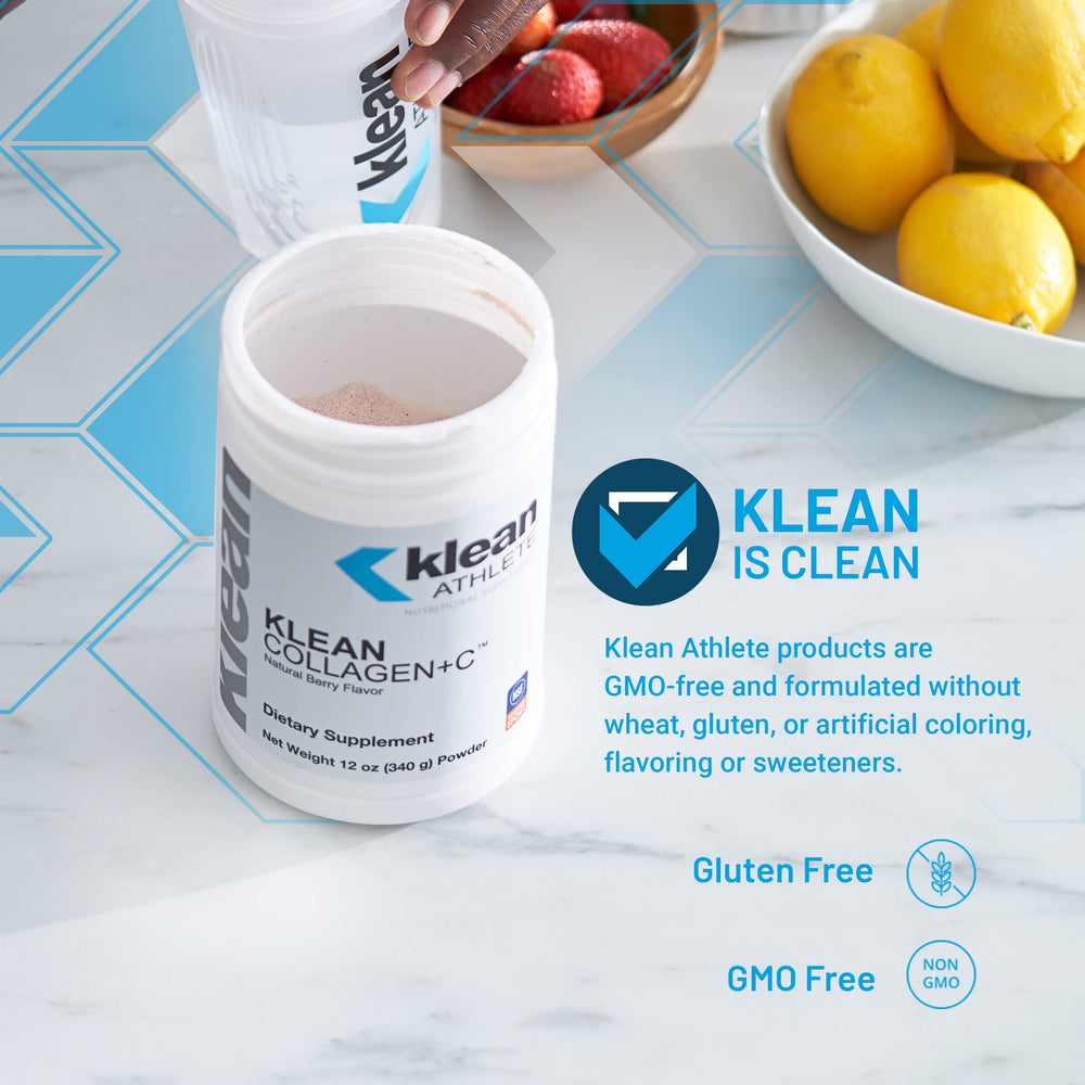 Close-up of vitamin C and collagen peptides on Klean Collagen+C label.