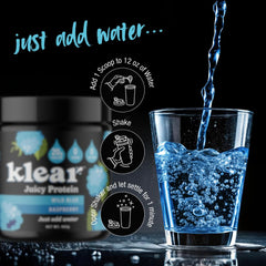 Klear clear protein shake poured from a bottle after a workout