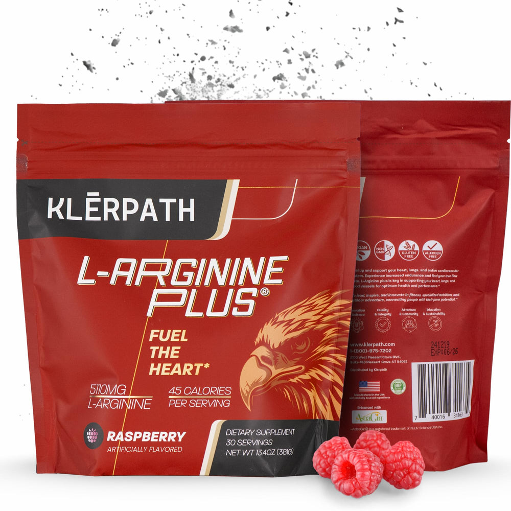 Klerpath L-Arginine Plus Raspberry powder in tub for daily athletic support.
