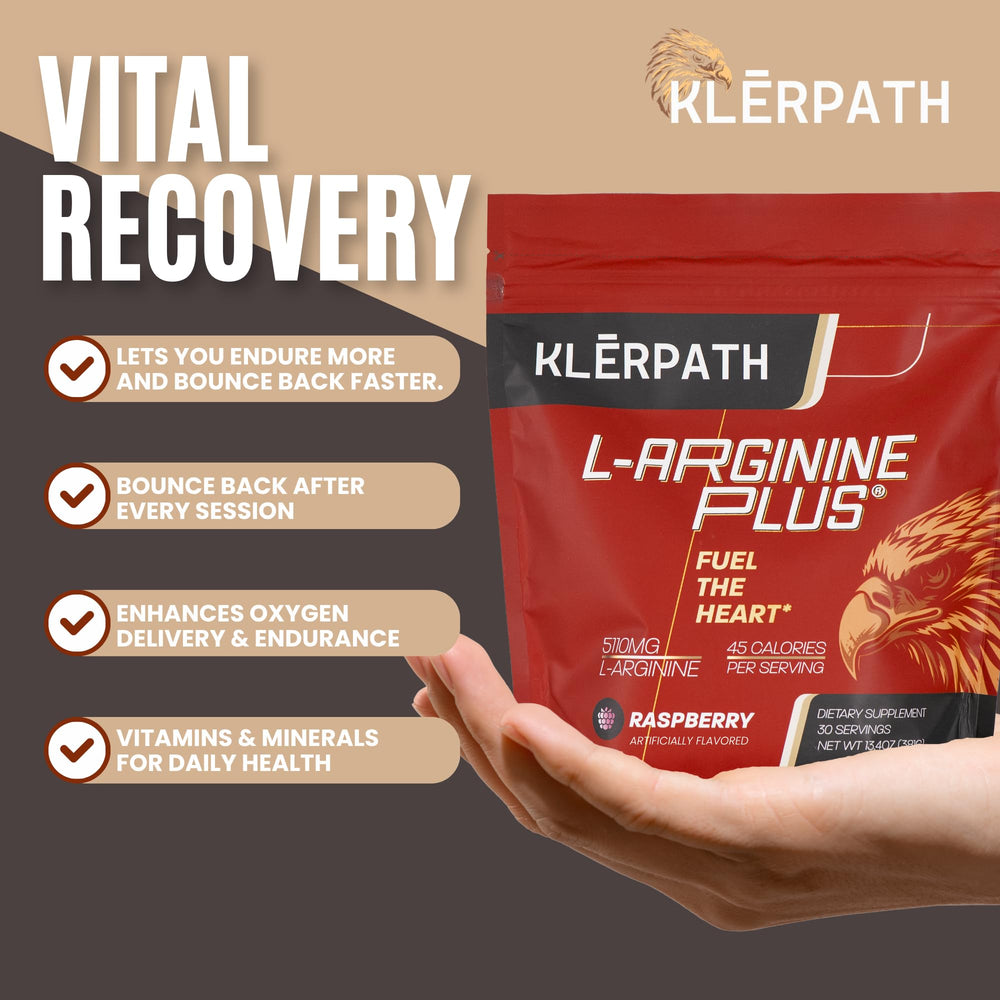 Klerpath powder close-up emphasizing natural pairings L-Arginine and L-Citrulline.