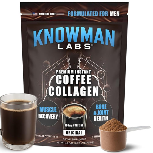 Knowman Labs Premium Collagen coffee pour; convenient coffee-friendly collagen option.