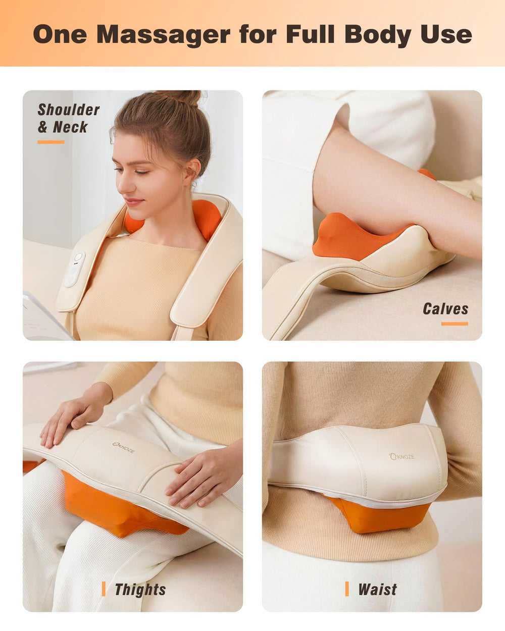 Beige KNQZE massager shown as a portable home device.