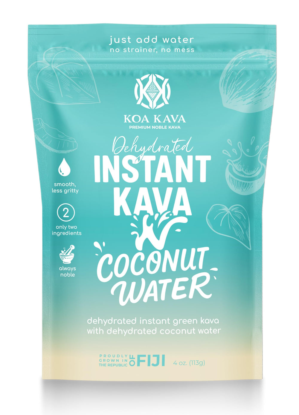 Koa Kava Instant Kava Coconut Water bottle ready for quick, mess-free prep.