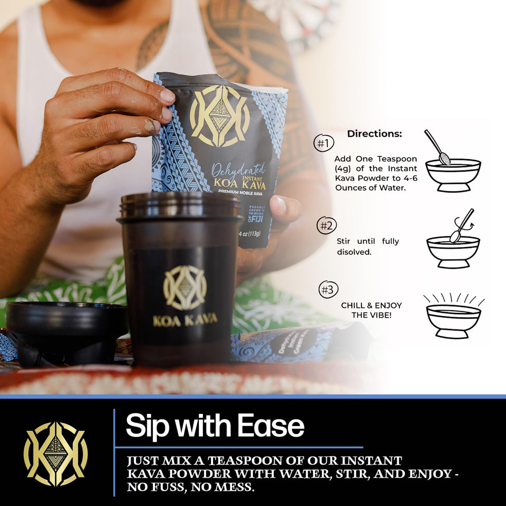 Koa Kava instant powder mixes with water for fast, easy sip